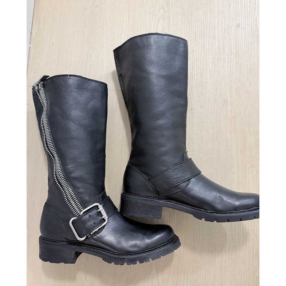 Frye Samantha Zip Tall Black Leather Moto Boots Size 7B Buckle Lug Soles